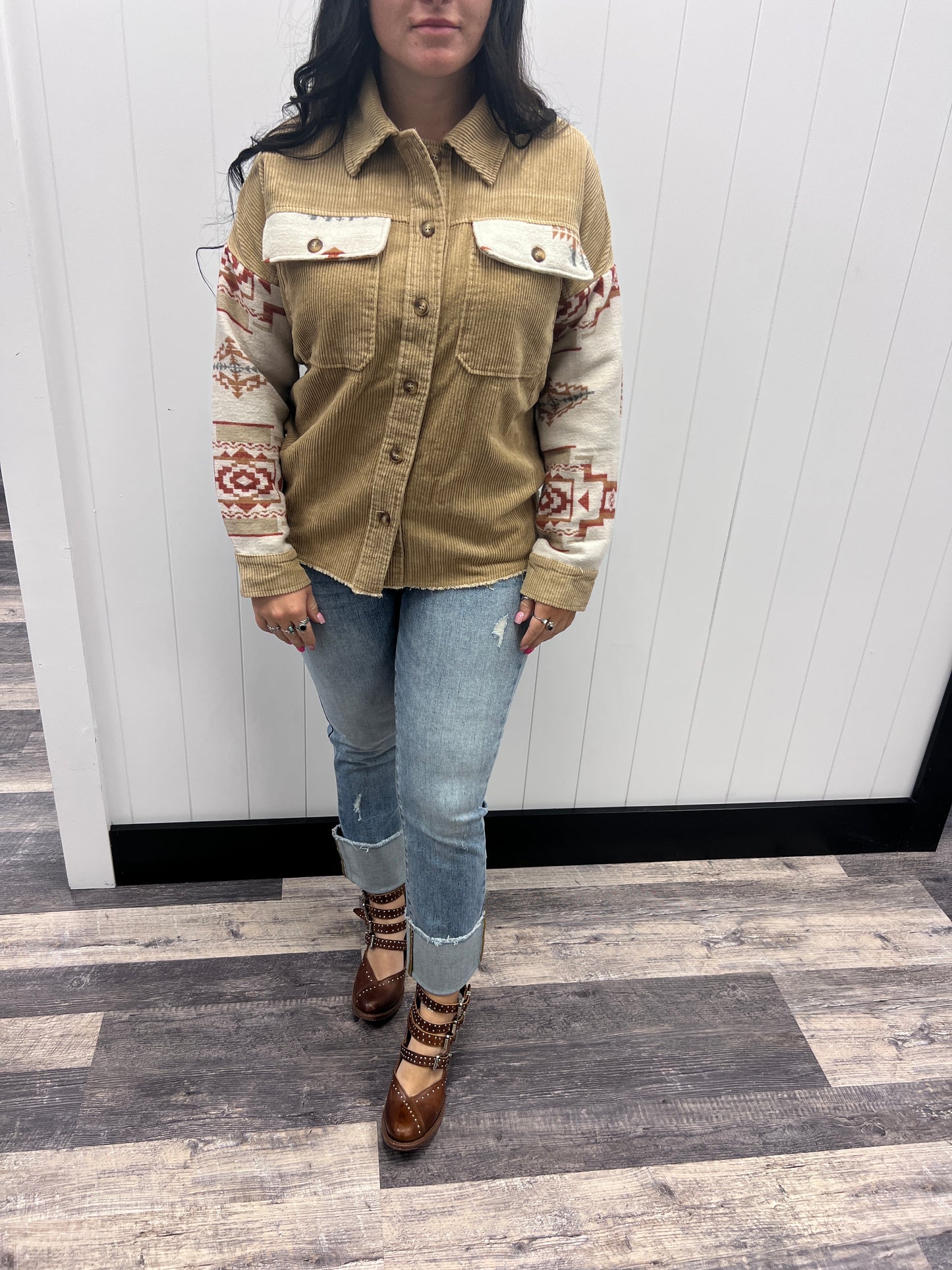 CORDUROY AZTEC BUTTON UP SHACKET