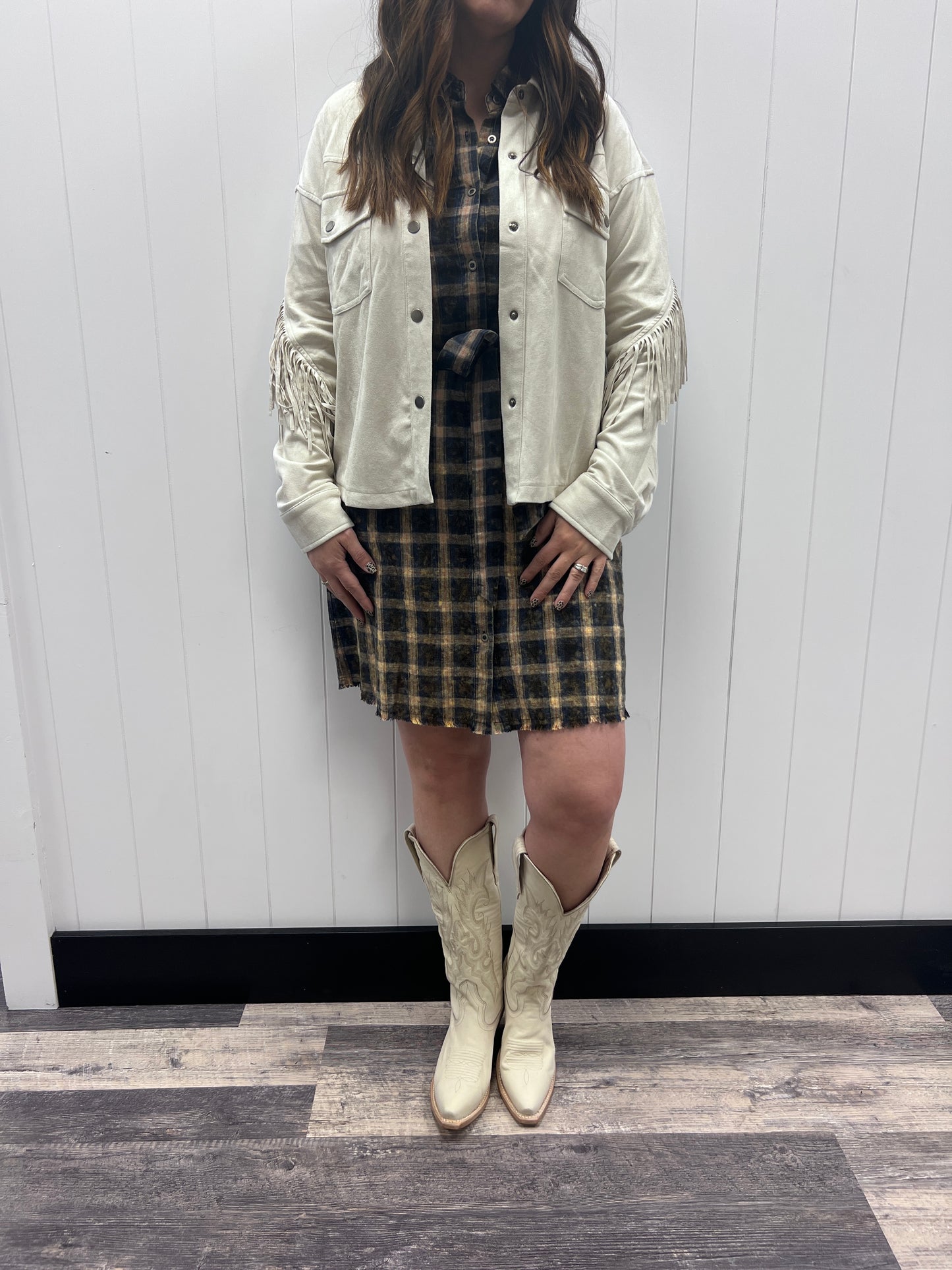 NAVY FRINGE BOTTOM PLAID DRESS