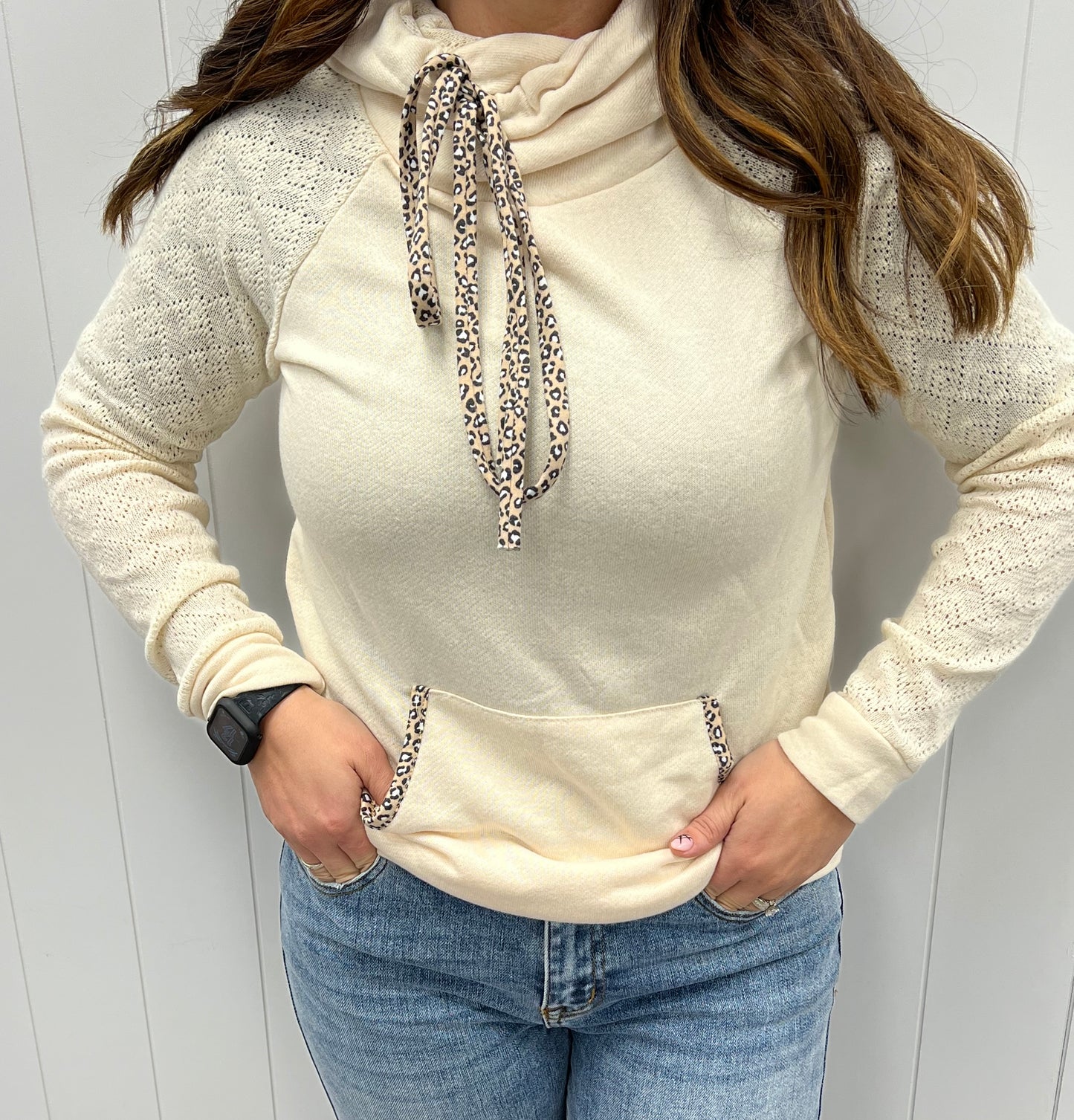 CREAM LASER CUT HOODIE WITH CHEETAH ACCENTS