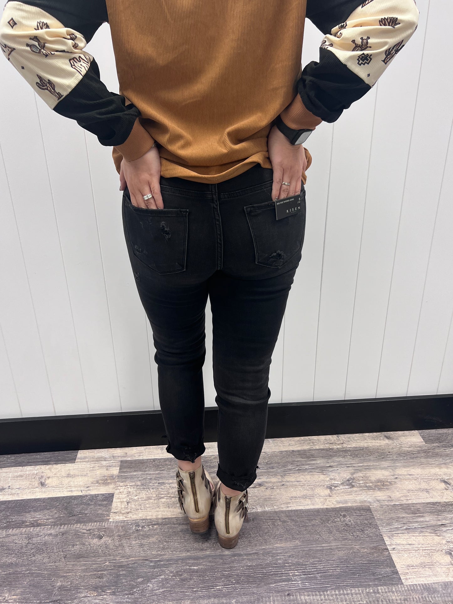 RISEN MID RISE BLACK DISTRESSED SKINNY JEANS RDP5268