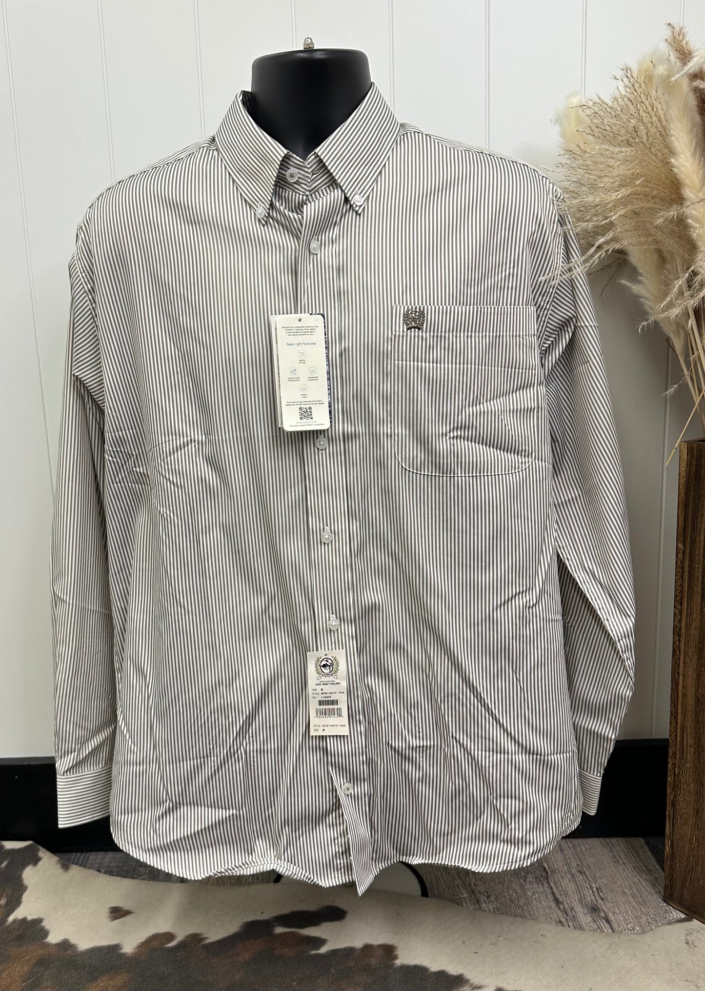 MENS CINCH KHAKI STRIPE BUTTON UP