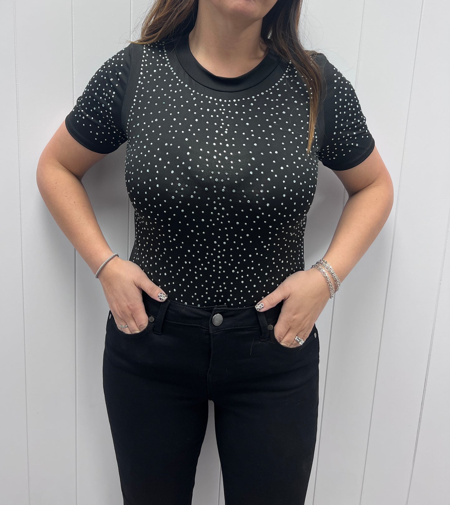 ROUND NECK BLACK RHINESTONE BODYSUIT