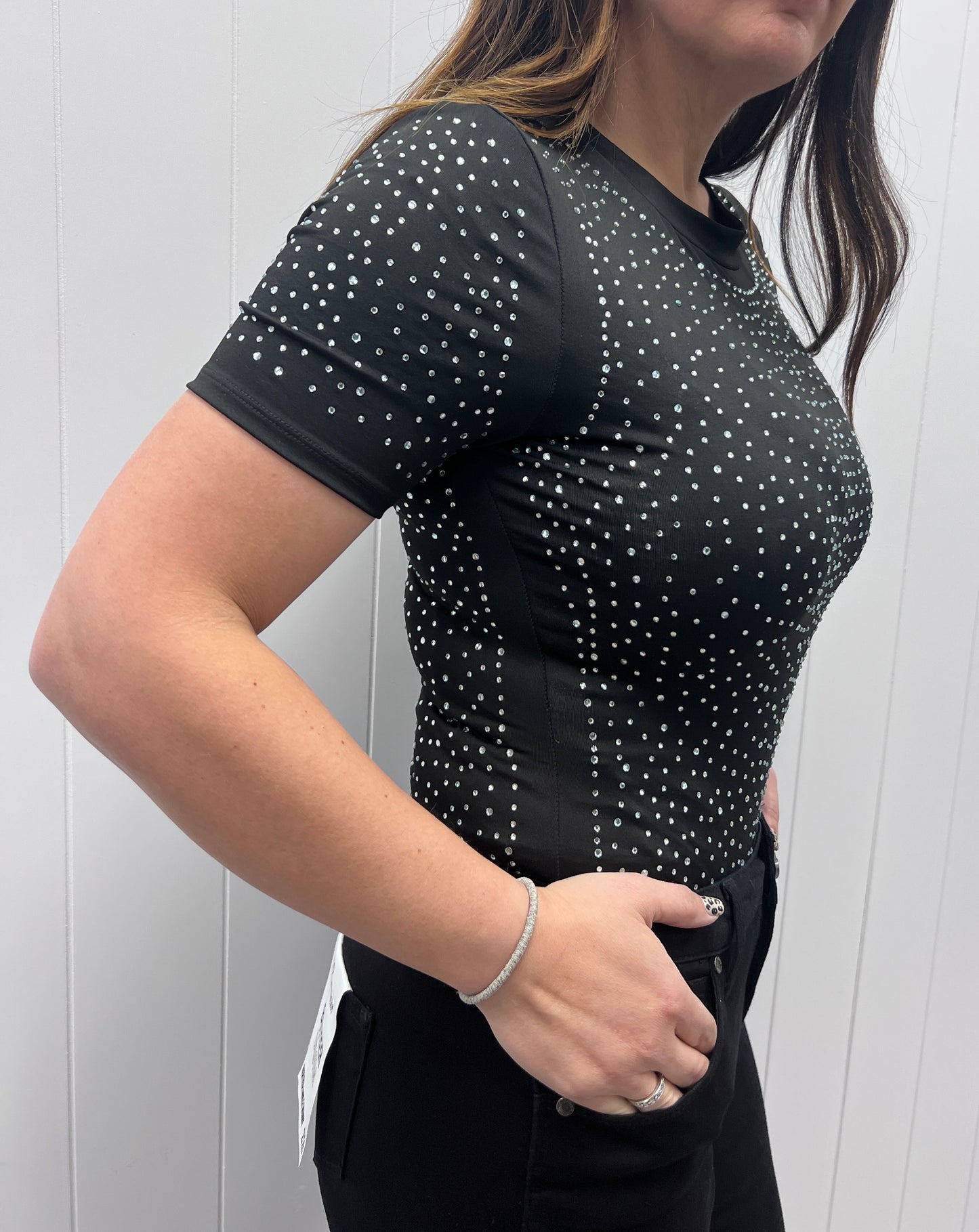ROUND NECK BLACK RHINESTONE BODYSUIT
