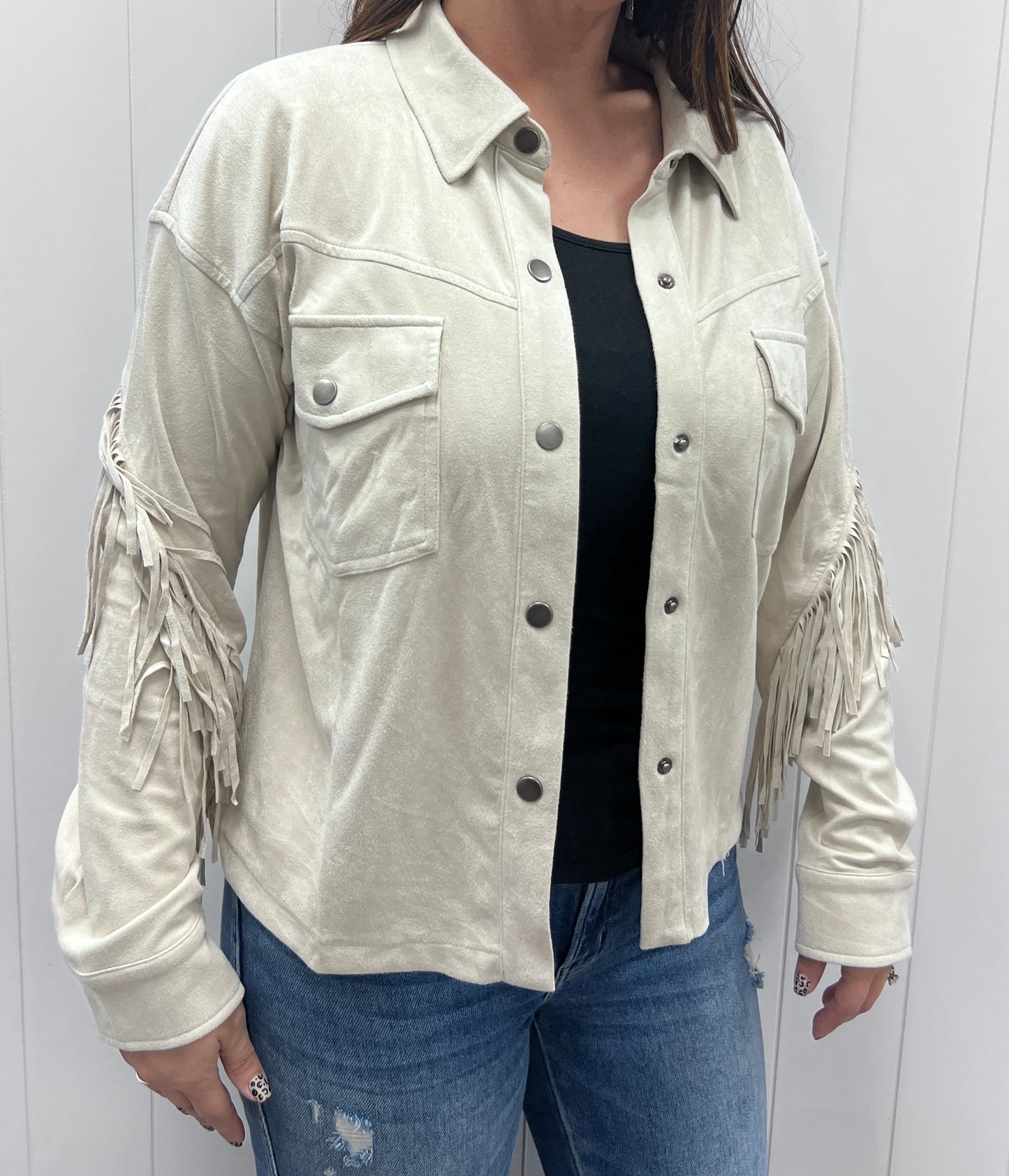 ANTIQUE WHITE FRINGE BACK SUEDE JACKET
