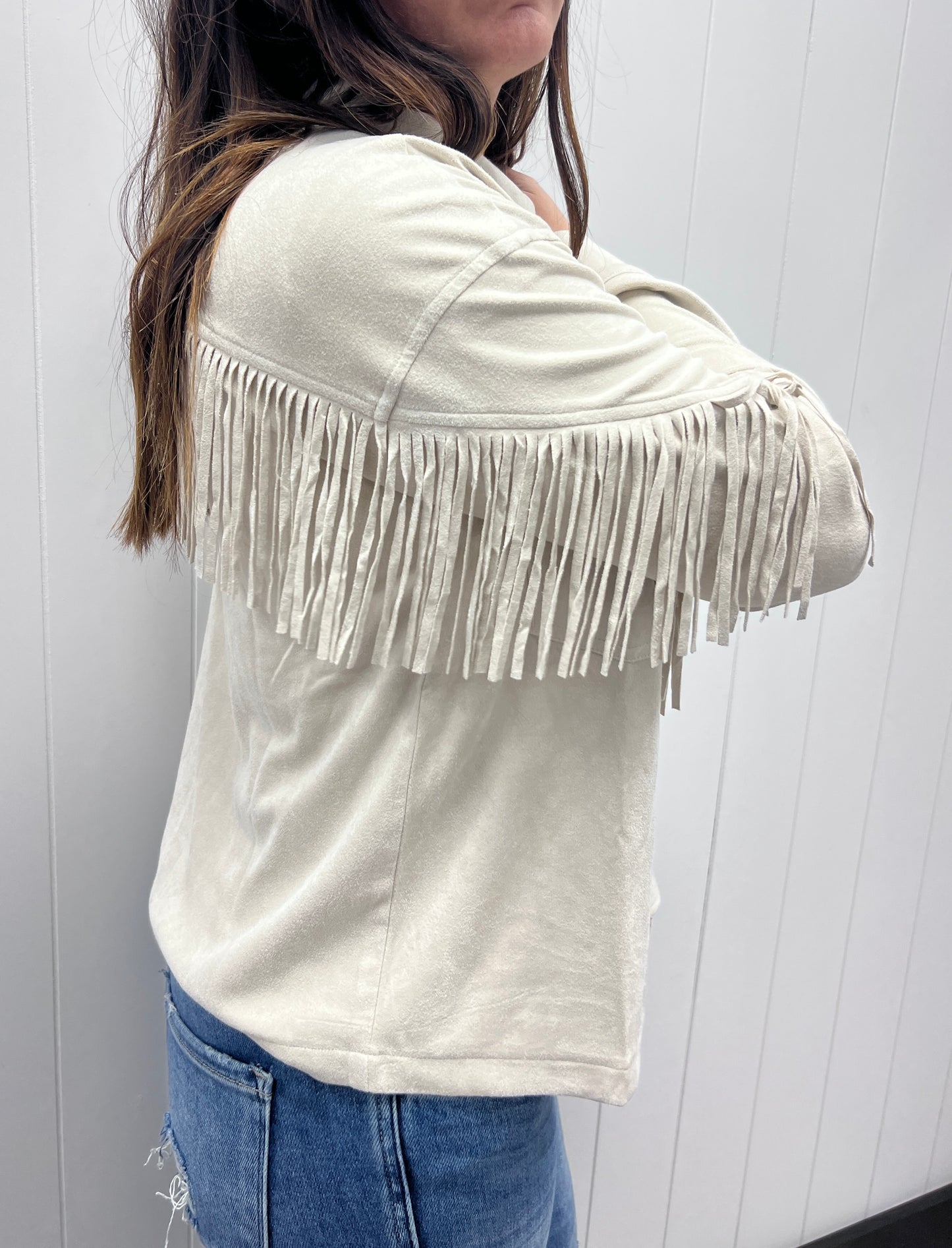 ANTIQUE WHITE FRINGE BACK SUEDE JACKET