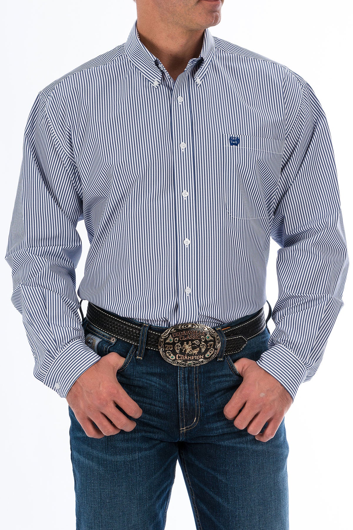 MENS CINCH L/S BLUE STRIPE BUTTON UP