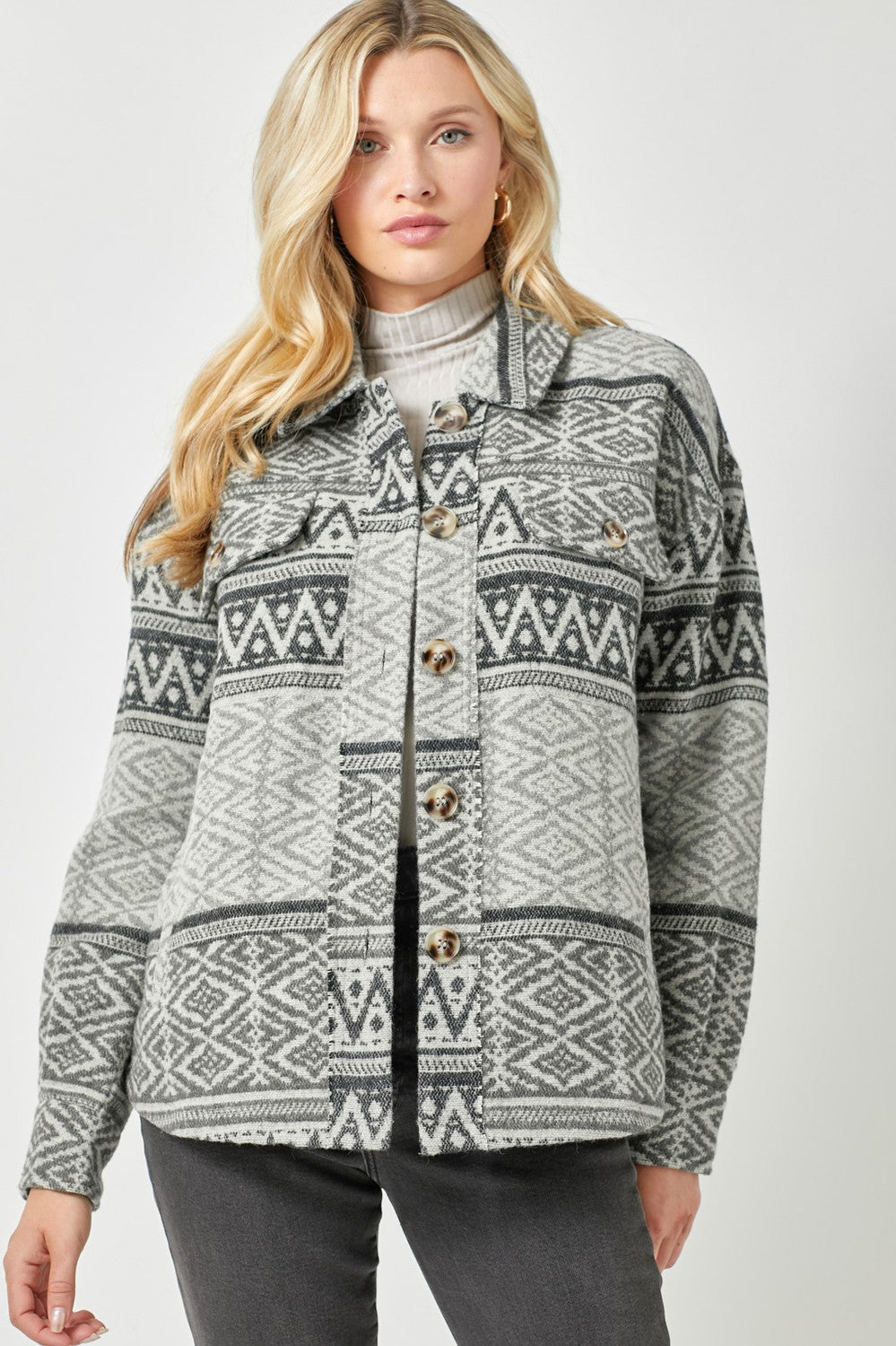 CHARCOAL GREY AZTEC BUTTON UP JACKET