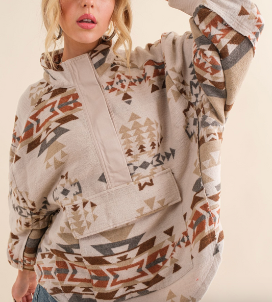TAUPE AZTEC VELCRO NECK PULLOVER