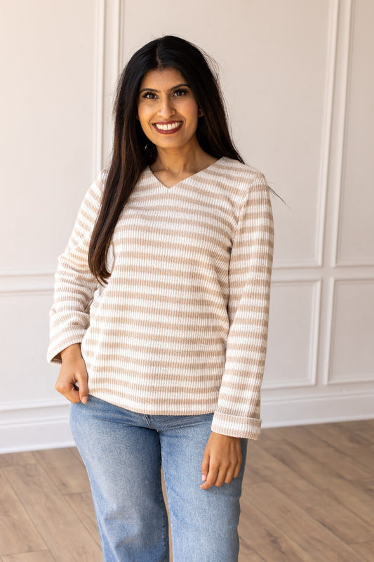 TAN AND WHITE STRIPED SWEATER