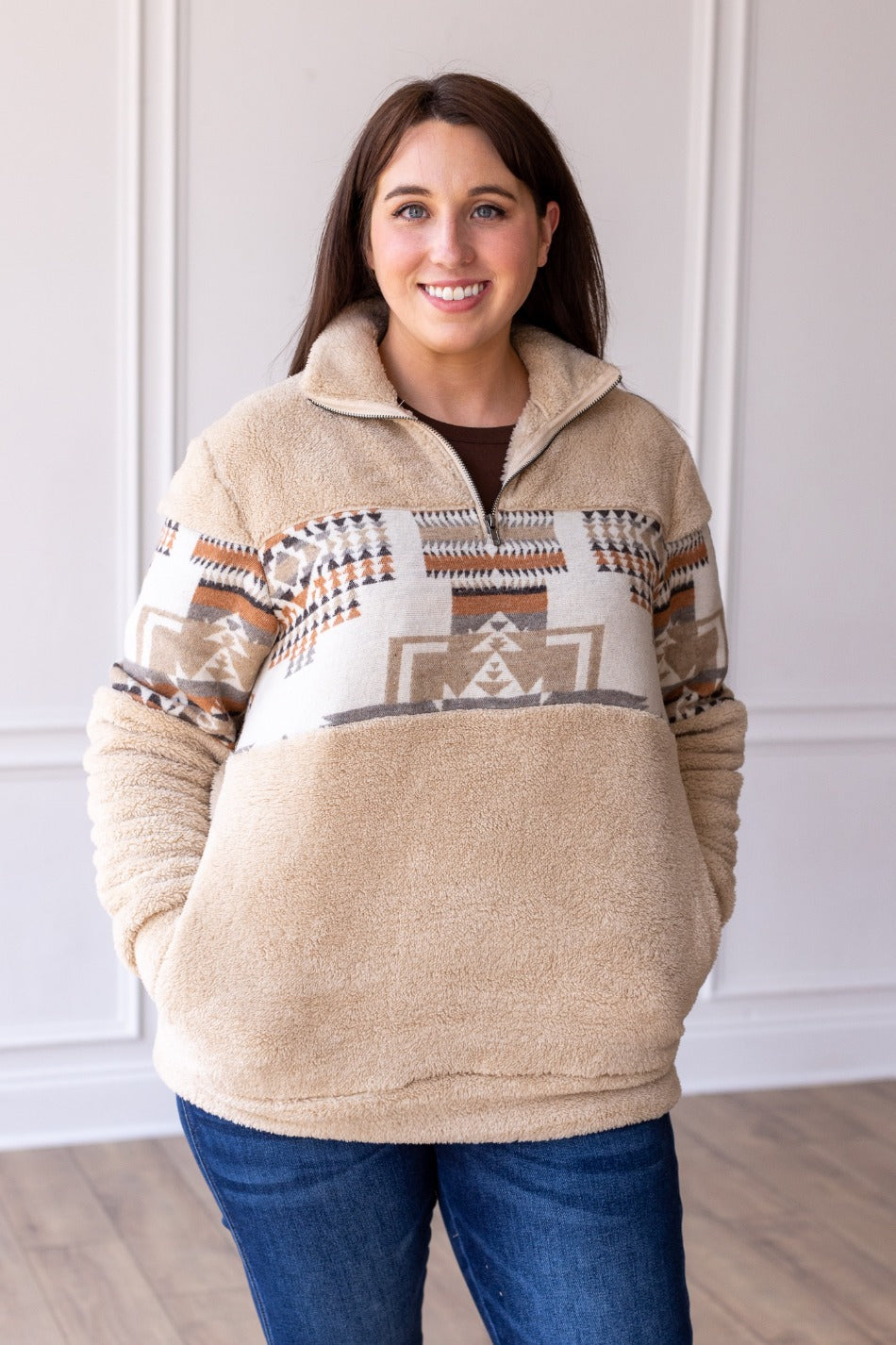 BEIGE AND AZTEC SHERPA JACKET