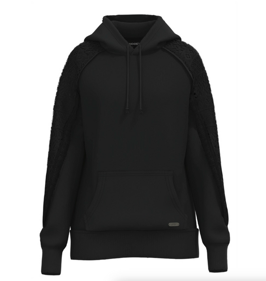 HOOEY WOMENS BLACK CROCHET SLEEVE HOODIE