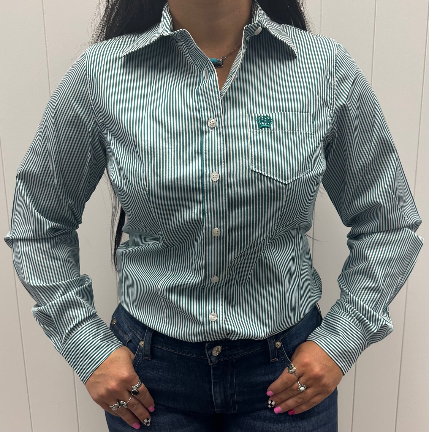 CINCH WOMEN'S TEAL/WHITE TENCEL BUTTON UP