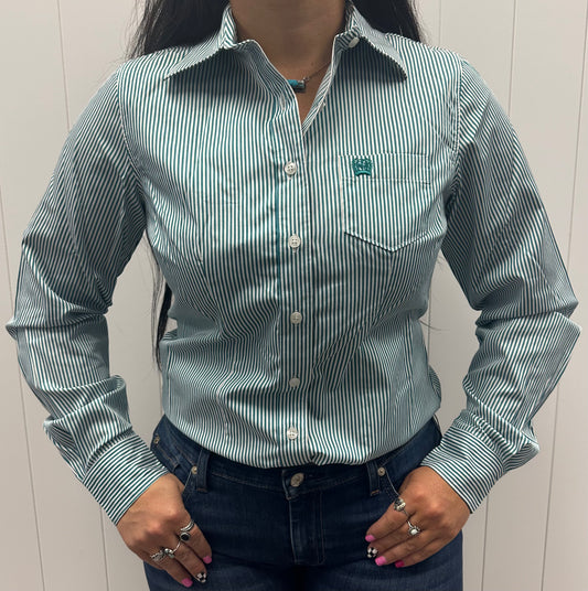 CINCH WOMEN'S TEAL/WHITE TENCEL BUTTON UP