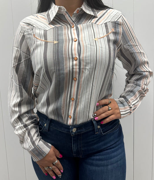 CRUEL WOMENS PINK GREY STRIPED BUTTON UP