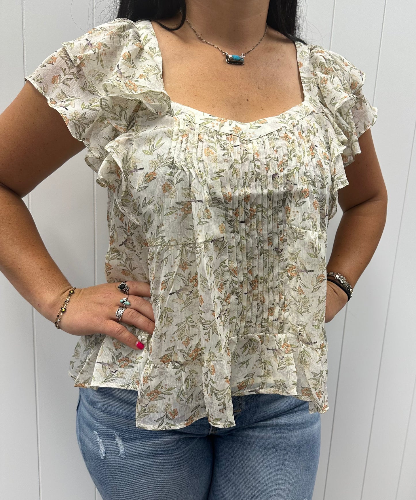 FLORAL PRINT RUFFLE SHORT SLEEVE BLOUSE