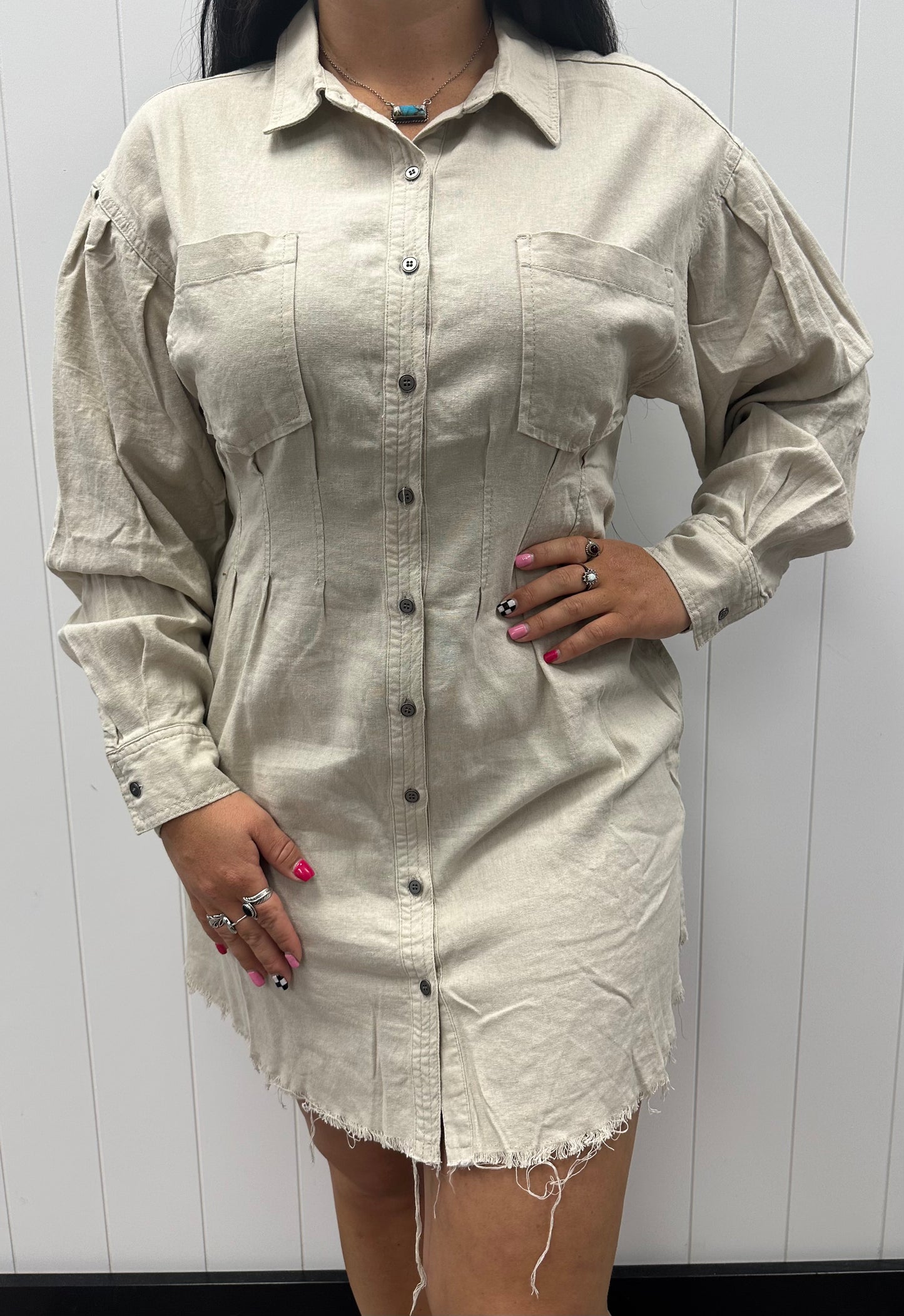 RISEN TAUPE BUTTON UP DRESS