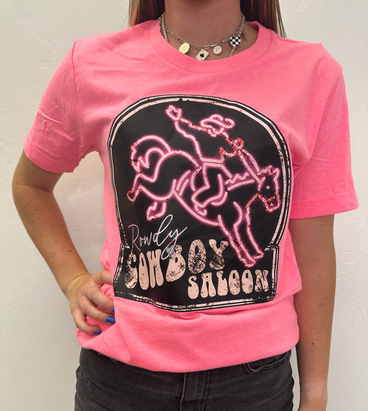 ROWDY COWBOY SALON NEON PINK TEE