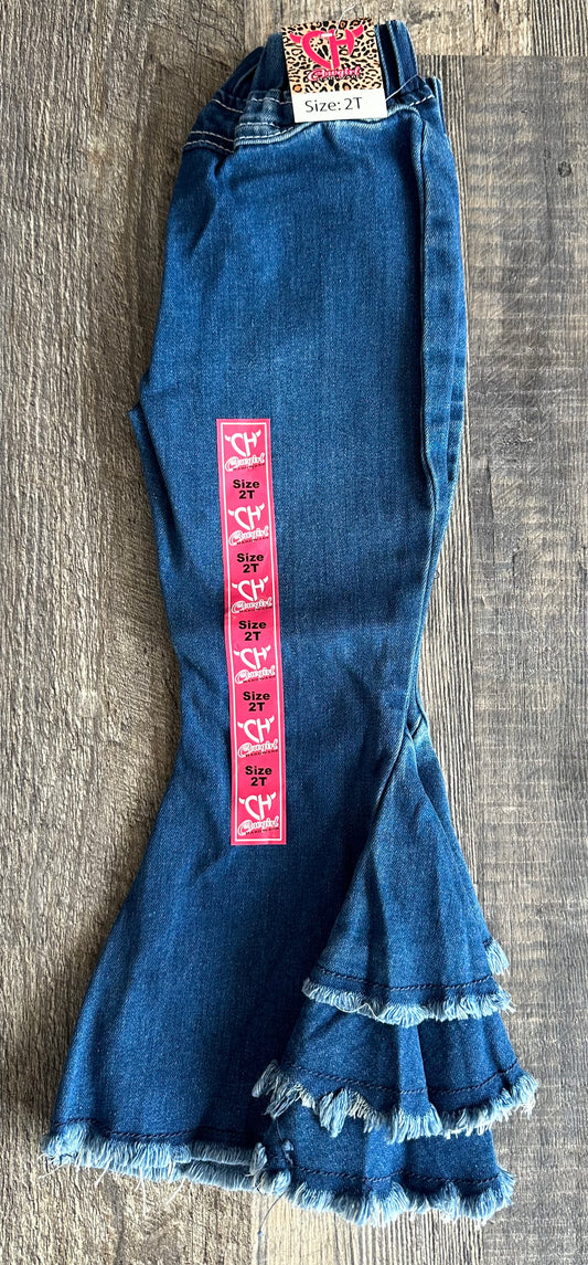 TODDLER MED WASH DOUBLE RUFFLE FLARED JEANS