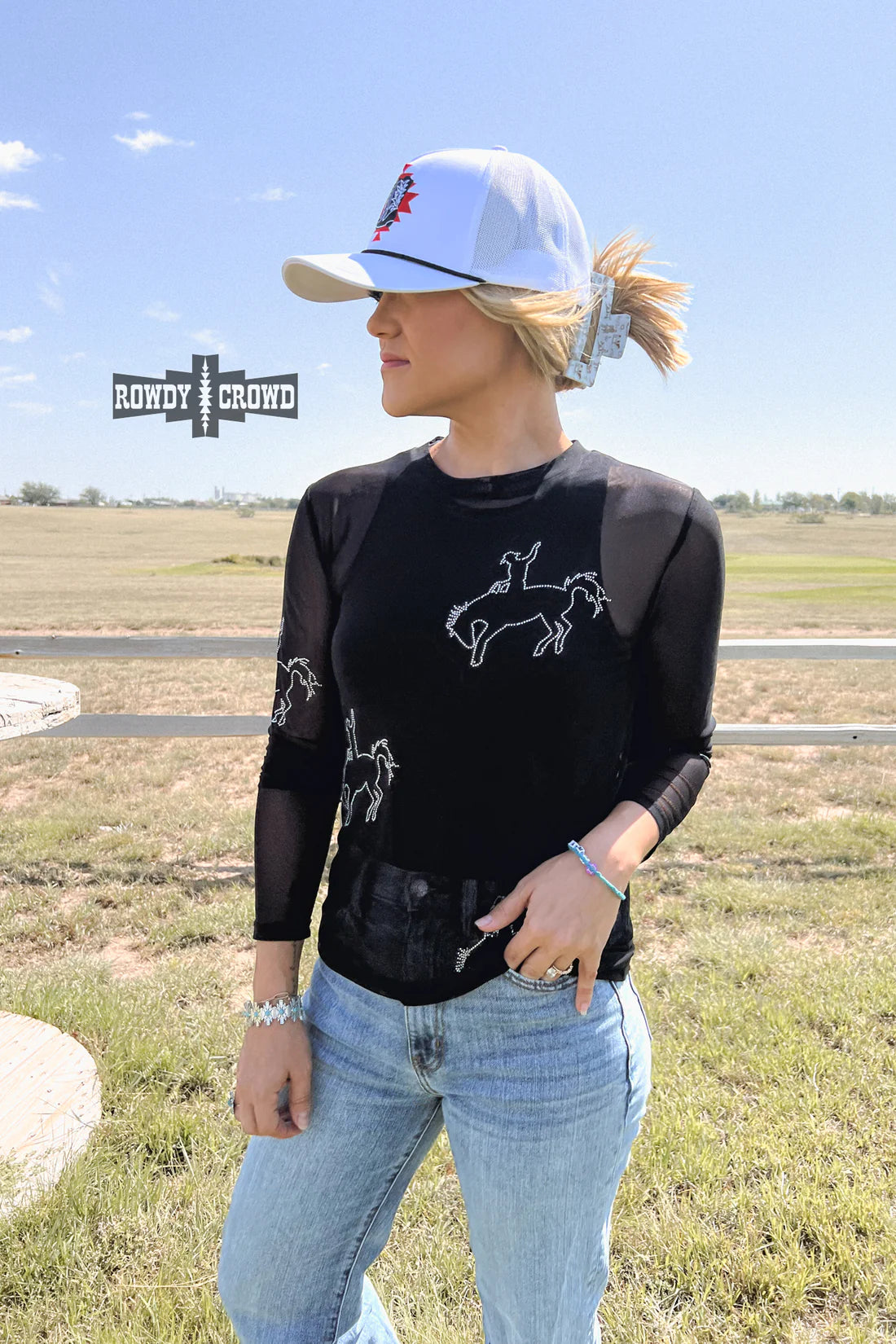 DIAMOND BRONC BLACK MESH TOP