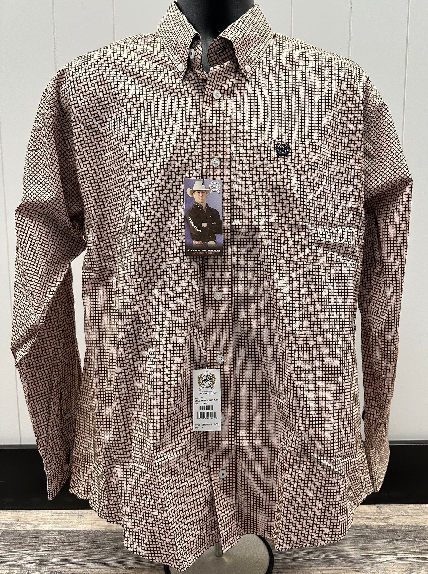 CINCH MEN'S CORAL CHECKER LS BUTTON UP