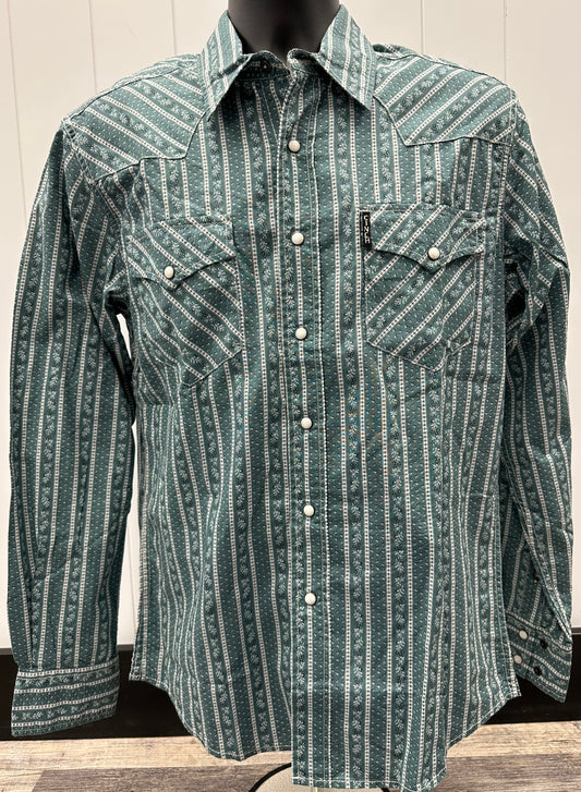 CINCH MENS GREEN STRIPE PEARL SNAP LONG SLEEVE