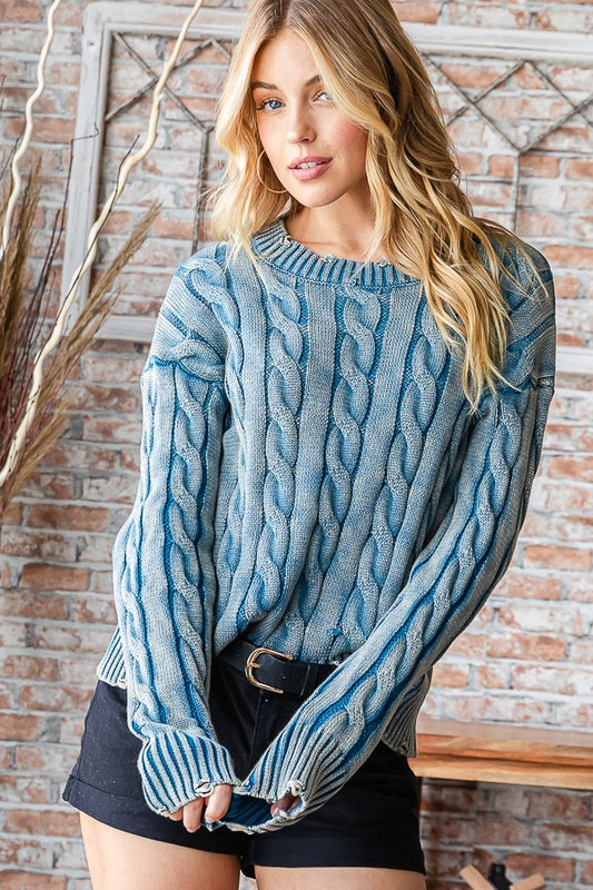VINTAGE DENIM DISTRESSED CABLE SWEATER