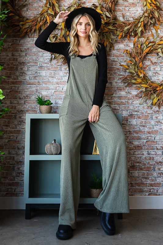 OLIVE RIBBED OVERALL JUMPSUIT