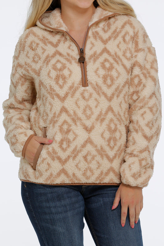 CINCH WOMENS CREAM PATTERNED 1/2 ZIP SHERPA HOODIE