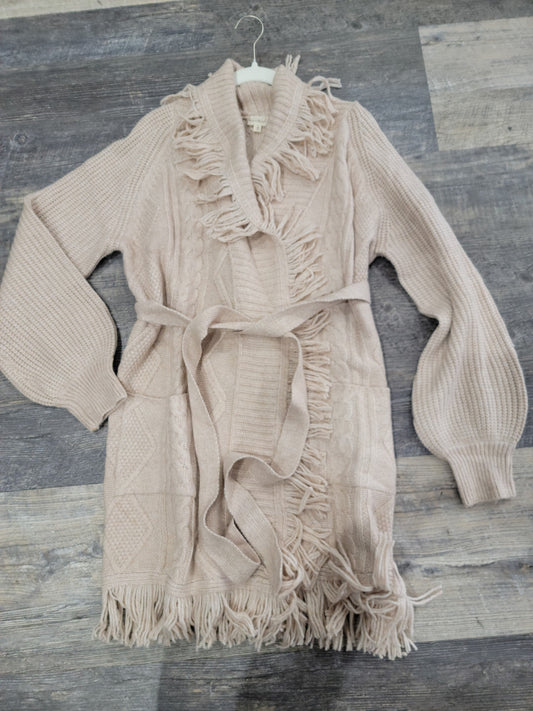 OATMEAL FRINGE CABLE KNIT TIE WAIST CARDIGAN