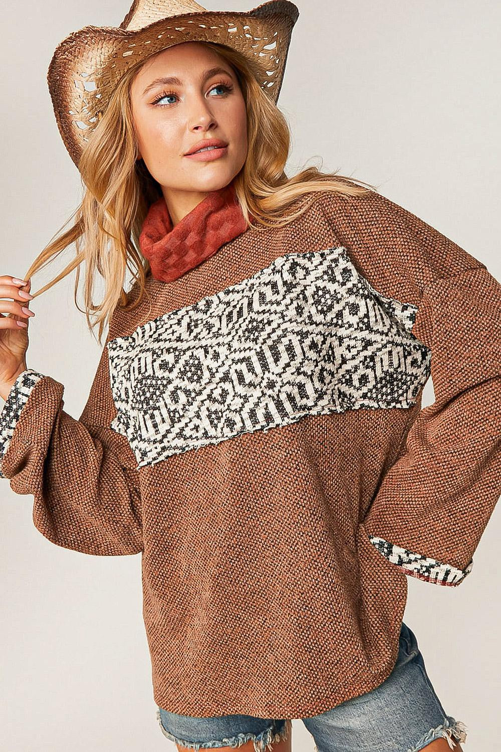 PRINTED COWL NECK SWEATER