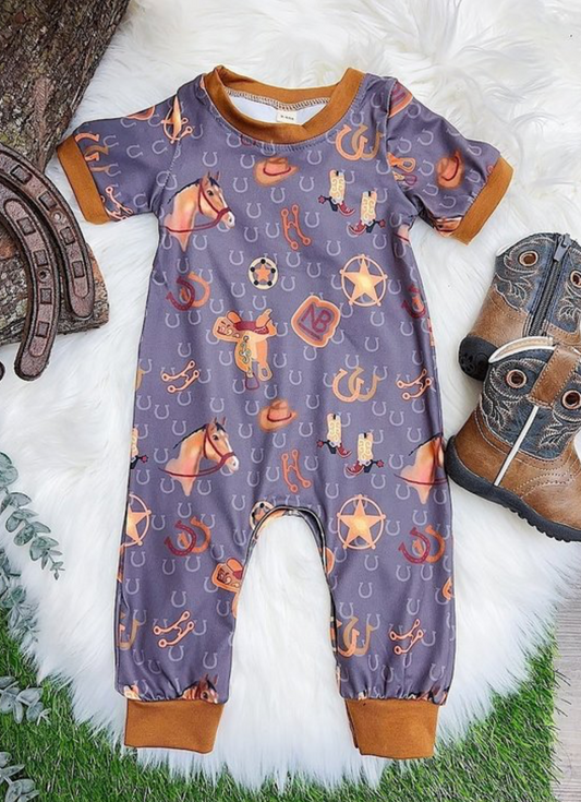 DUSTY BLUE HORSE INFANT ROMPER