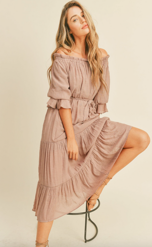 DUSTY MAUVE GATHER MIDI DRESS WITH WAIST TIE