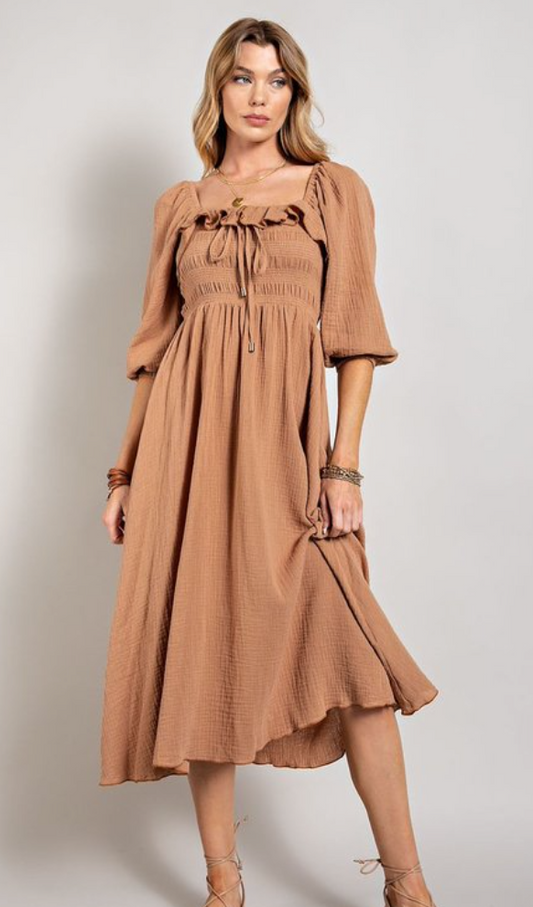 TAUPE SMOCK TOP DRESS