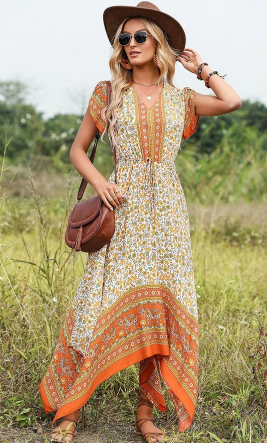 ORANGE PRINTED VNECK MAXI DRESS