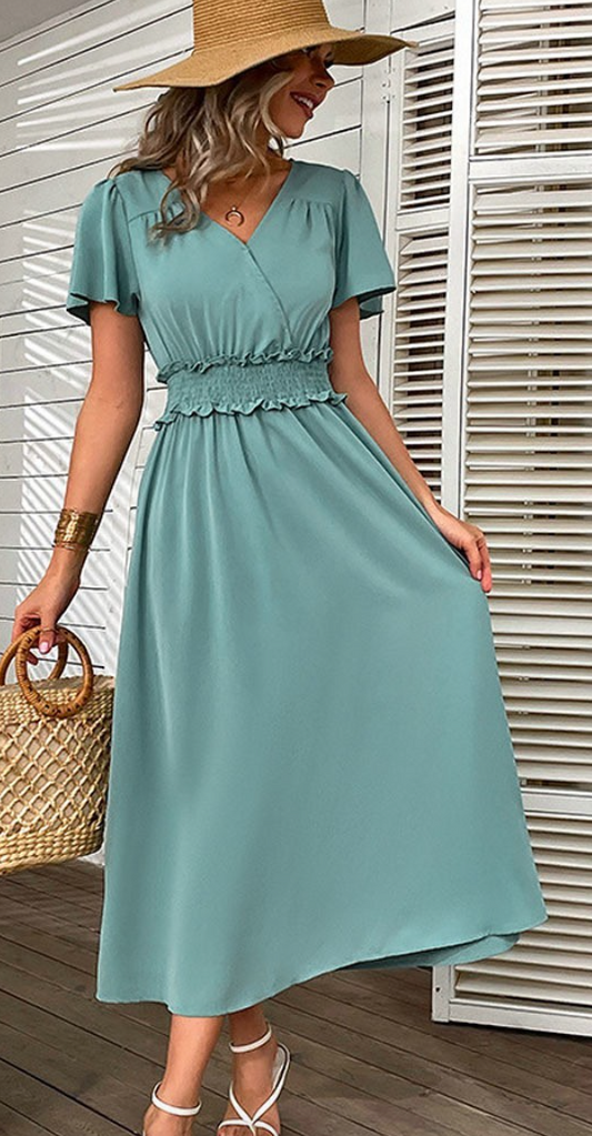 OCEAN BLUE A LINE V NECK DRESS