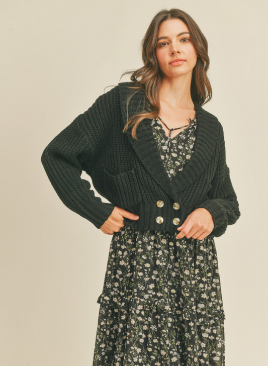 BLACK BUTTON FRONT KNIT JACKET