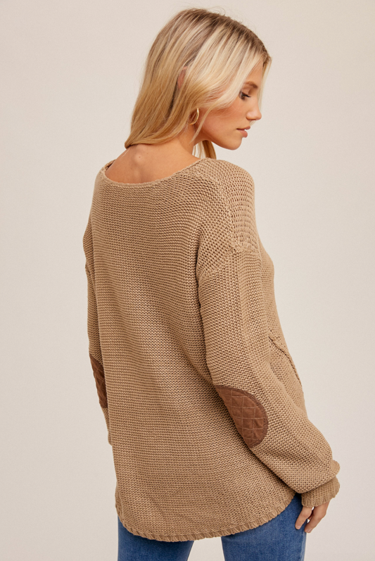 V NECK KNIT SWEATER WITH SUEDE ELBOW PATCH