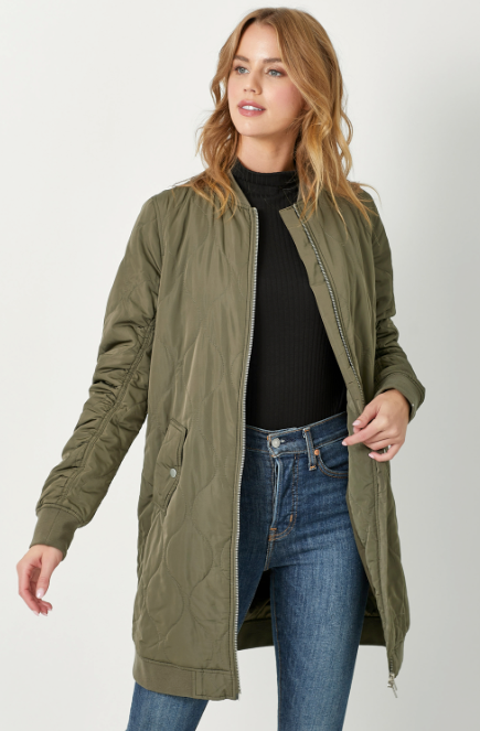 OLIVE BOMBER LONG QUILTED COAT