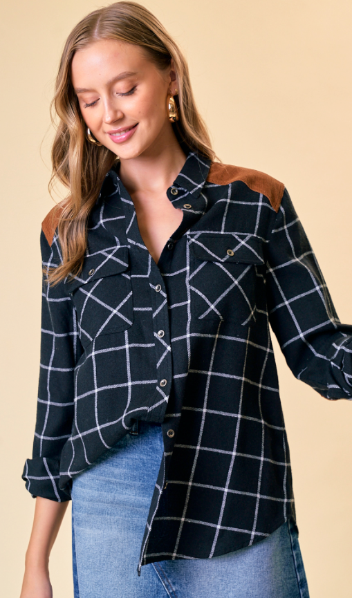 BLACK PLAID W FAUX SUEDE AND ELBOW PATCH