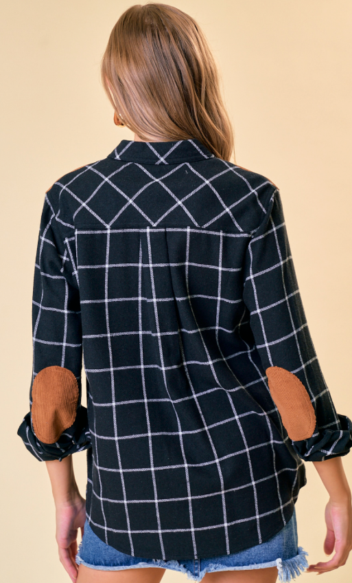 BLACK PLAID W FAUX SUEDE AND ELBOW PATCH