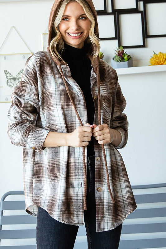 BROWN PLAID BUTTON DOWN SHACKET