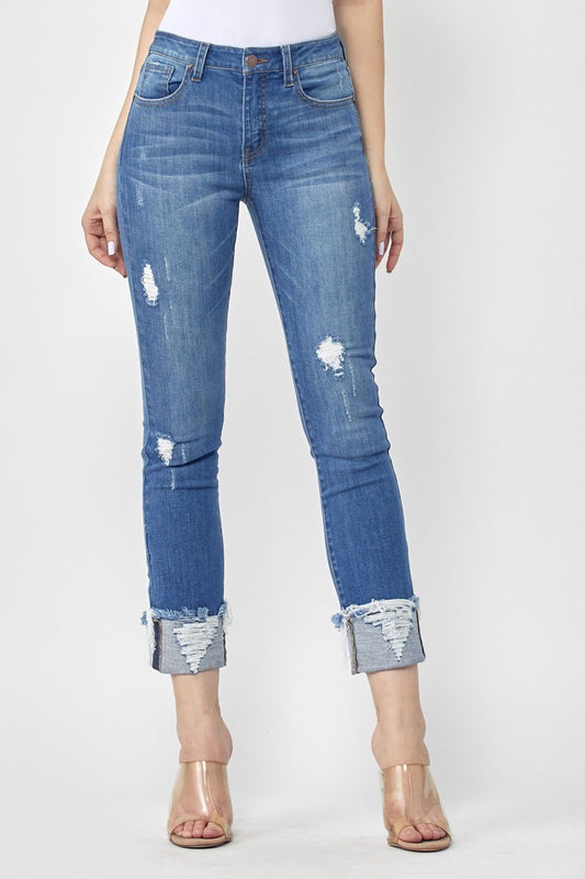 RISEN FRAYED CUFF STRAIGHT LEG JEANS