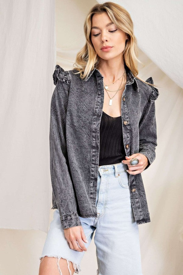 RUFFLE SLEEVE BUTTON UP MINERAL WASHED BLACK