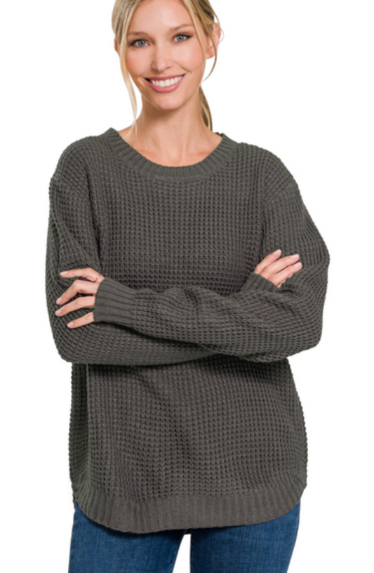 ASH GRAY WAFFLE KNIT SWEATER